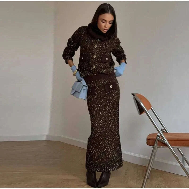 Fashion Knitted Long Skirts Sets Women Lapel Full Sleeve Single Breasted Sweater Hip Package Slim Skirt 2026 Spring Lady Outfits