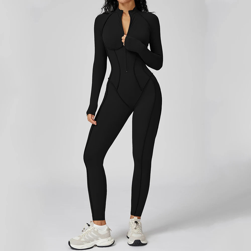 Yoga Bodysuit Long Sleeved Women's Tracksuits Gym Zipper Jumpsuits Sports Workout High-intensity Fitness One-piece Tights Suit