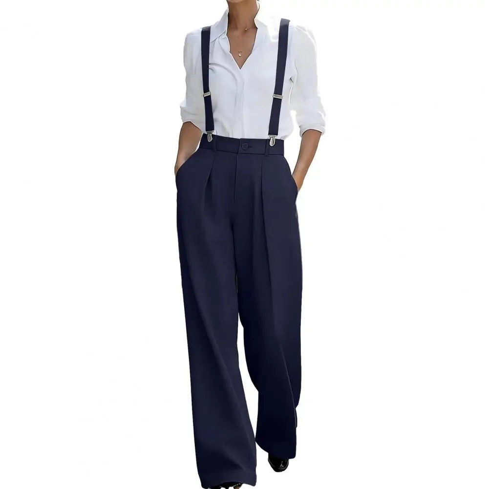 Wide Leg Suspender Trousers With Detachable Gray Straps — Black | KIMLUD