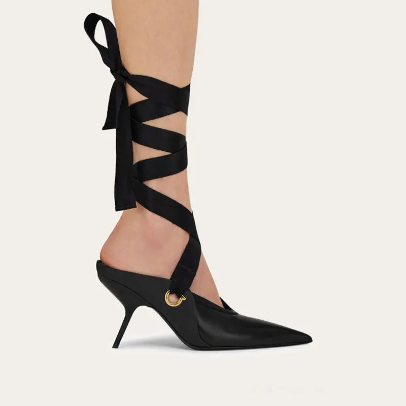 Microfiber Stiletto Ballet Sandals With Delicate Ankle Ribbons For Evening Soirees — Smoky Taupe | KIMLUD