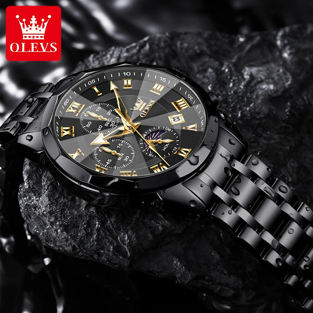 OLEVS 3675 Mens Watch Original Business Brand Quartz Watch Multifunctional Chronograph Waterproof Moon Phase Watch For Man New