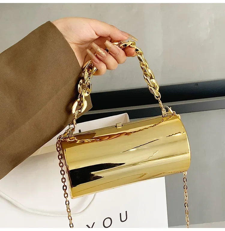 Metallic Cylinder Mini Box Clutch Purse — Gold | KIMLUD