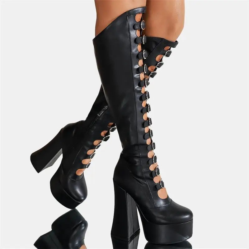PU Knee-High Boots Side Zipper Square Heel Platform — Black | KIMLUD