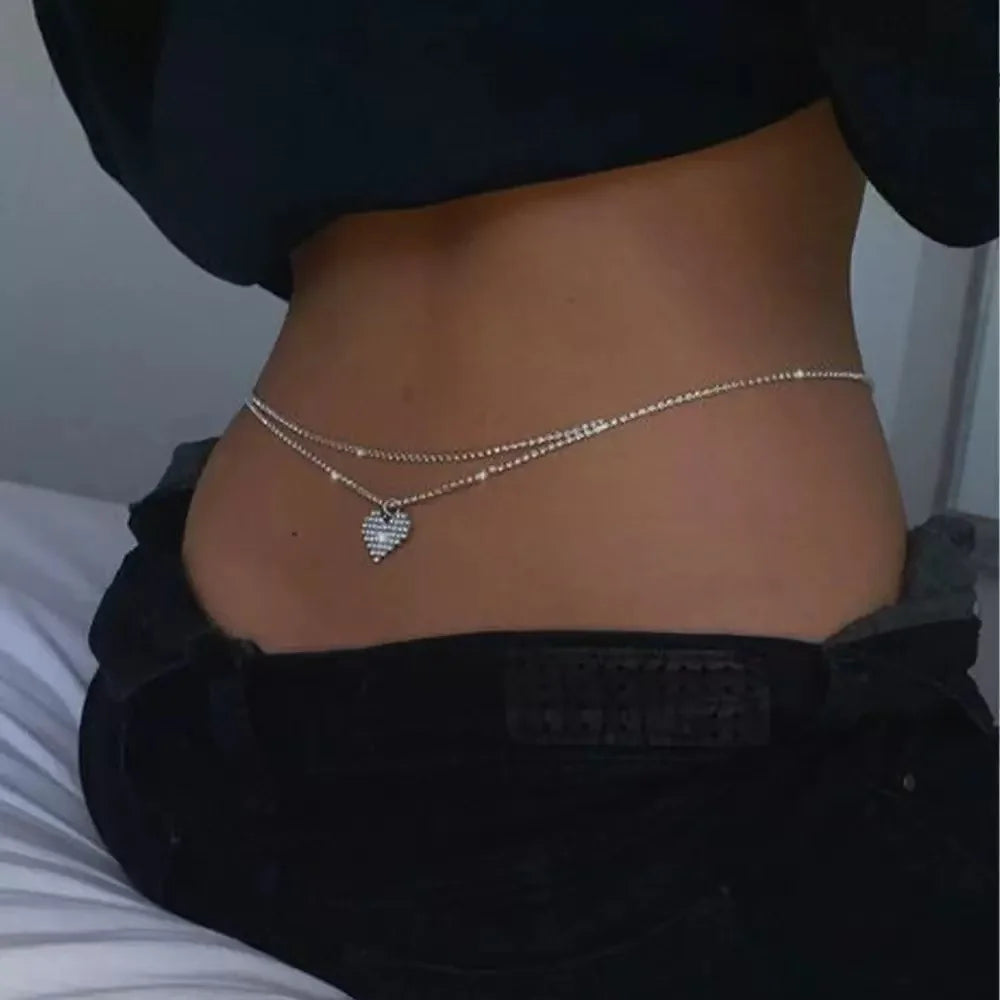 Belly Chain – Double Chain Water Drop – Rhinestone – Silver | KIMLUD