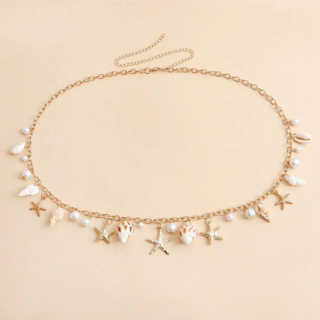 Gold-Tone Aluminium Alloy Shell Waist Chain With Imitation Pearls — Gold | KIMLUD