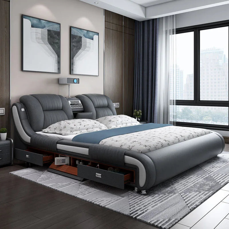 Genuine Leather Upholstered King Size Bed With Massage — Custom Color | KIMLUD