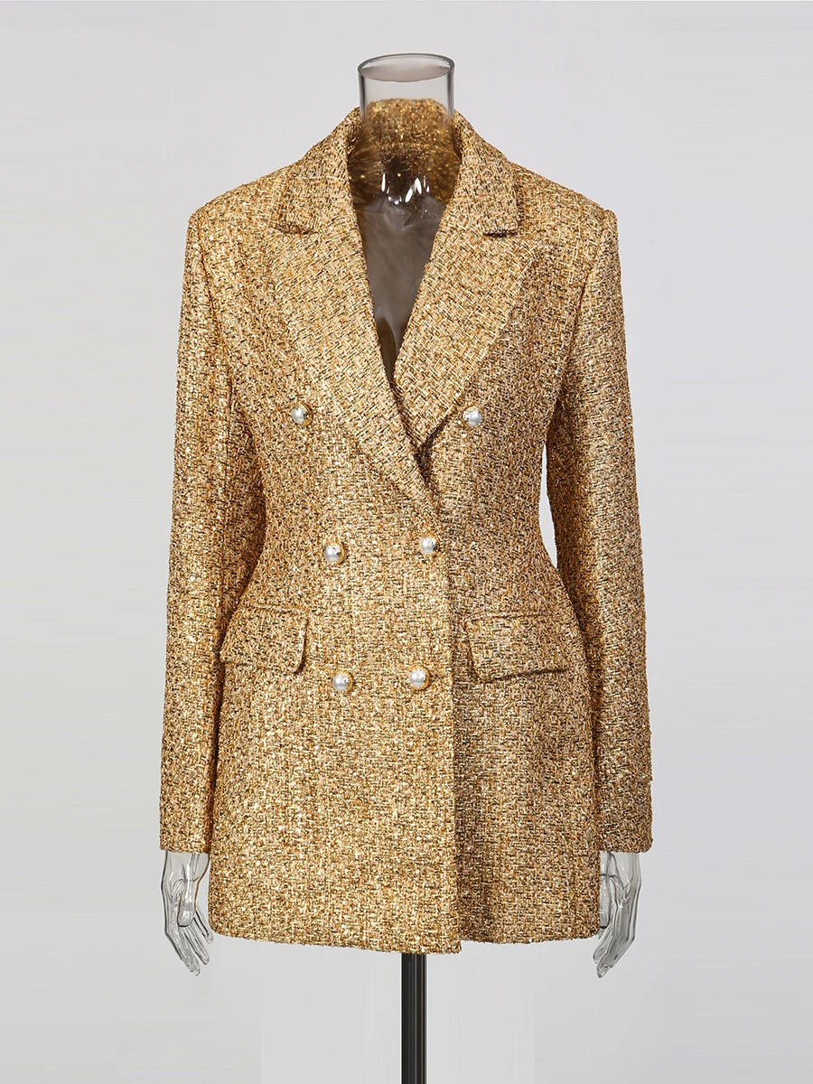 Polyester Blazer Slimming Spliced Double Breasted — Gold | KIMLUD