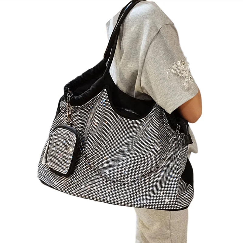 KIMLUD, 2023 Luxury Fashion Diamonds Women Handbags Oxford Cloth with Leather handle Big female Tote Bag Large Capacity Shoulder Bags, KIMLUD Womens Clothes