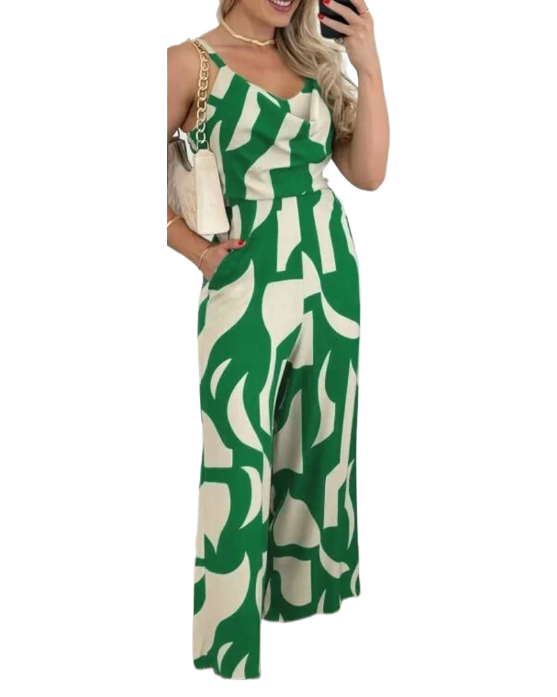 Women Sexy Spaghetti Strap Print Backless Wide Leg Jumpsuits - KIMLUD