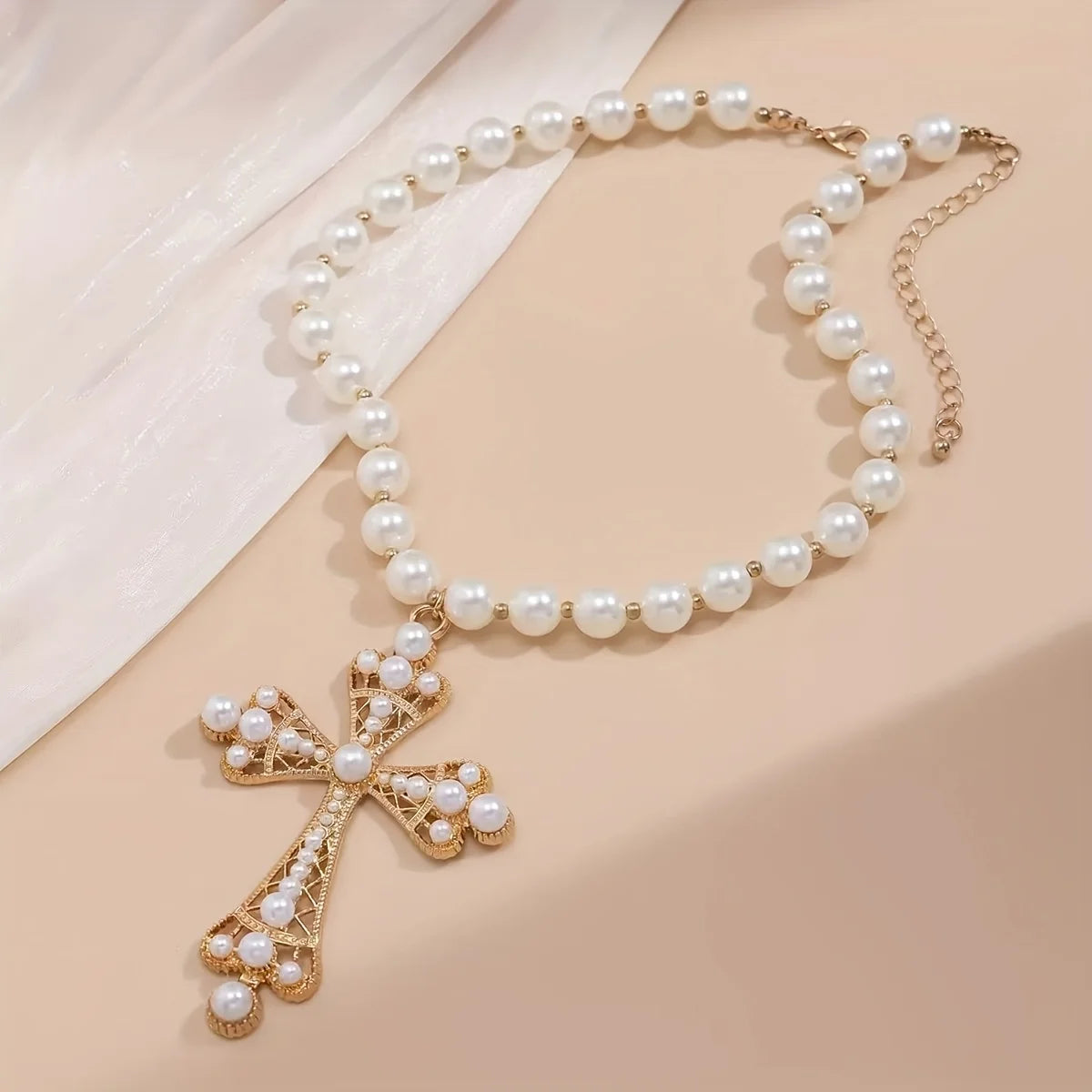 KIMLUD, Exquisite and exaggerated punk necklace with a cross inspired pearl pendant, suitable for women's wedding parties, KIMLUD Womens Clothes