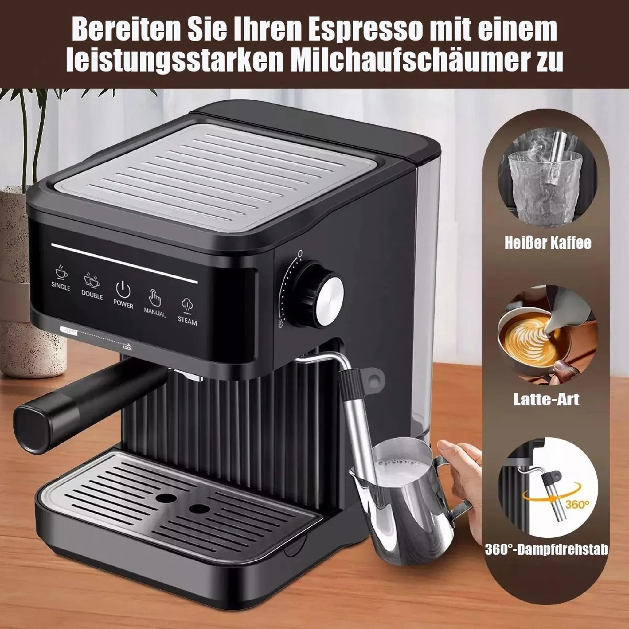 Espresso Machine – 20 Bar Pressure – Black | KIMLUD