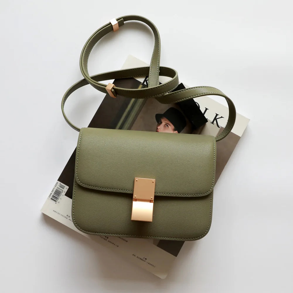 Split Leather Shoulder Bag Single Flap Lock — Black | KIMLUD