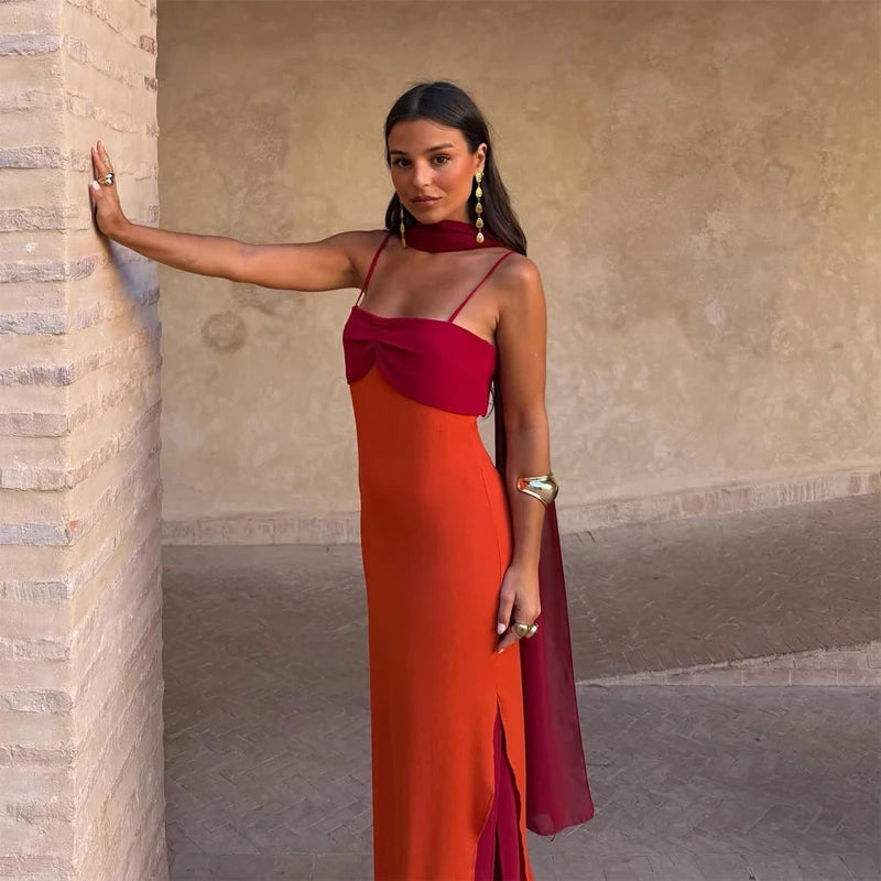 Color Blocking Sling Dress Scarf Collar — Orange Burgundy | KIMLUD