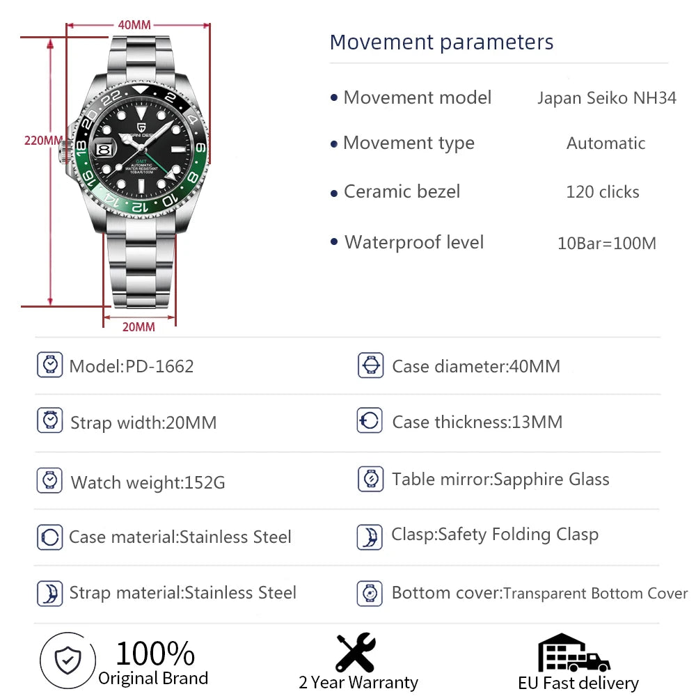 PAGANI DESIGN New NH34 Fully Automatic Mechanical Watch Men's Luxury Sapphire Glass 40MM Ceramic bezel GMT Watch 100M Waterproof