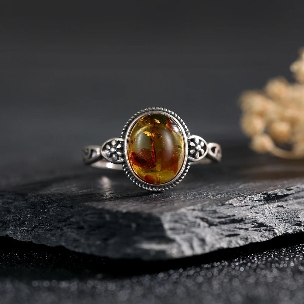 Sterling Silver Ring Adjustable Vintage Hollow Floral Design — Amber | KIMLUD