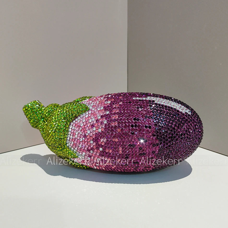 Alizekerr Eggplant Shaped Diamond Evening Bags Women Gorgeous Metallic Rhinestone Purses Ladies Unique Handbags Wedding Party