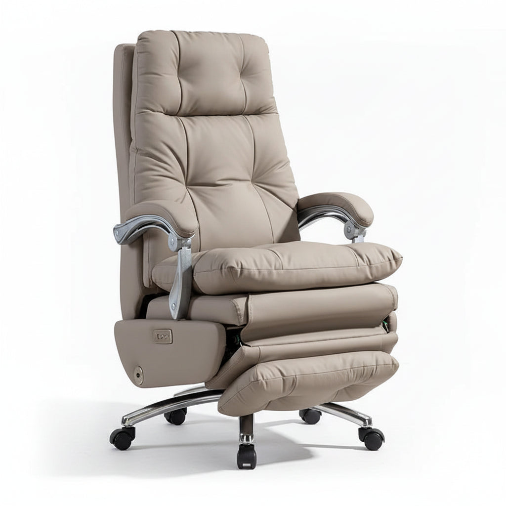 Beige recliner chair in a room with text overlay in an orange box.