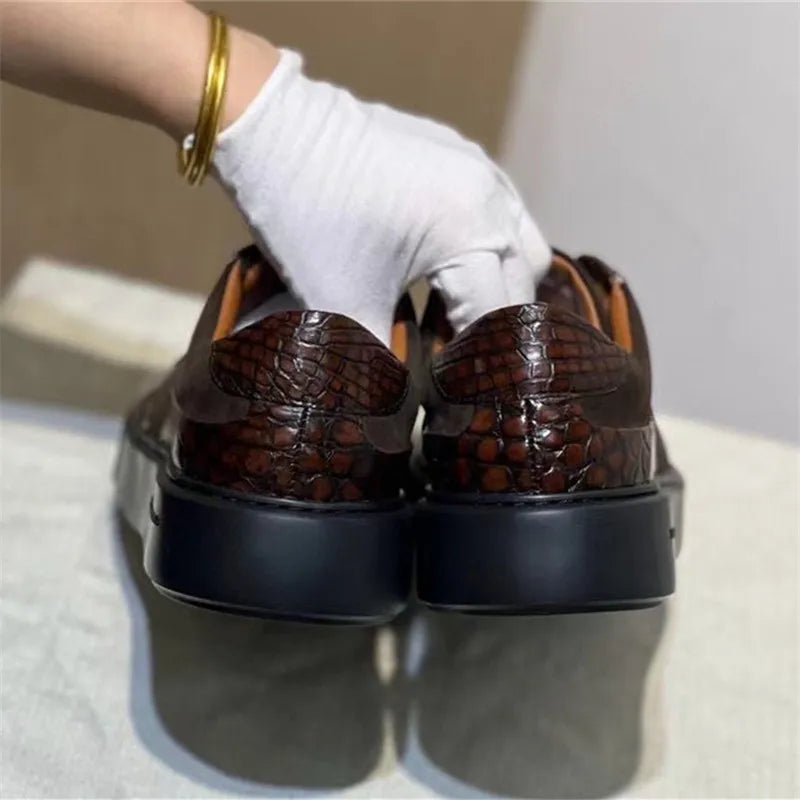 Authentic Exotic Crocodile Skin Hand Painted Men's Soft Board Shoes Genuine Real Alligator Leather Male Lace-up Patchwork Flats