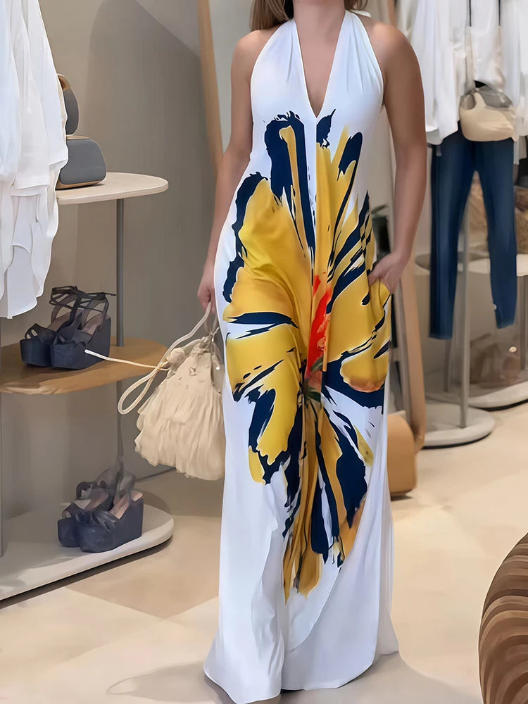 Printed Patchwork Loose Holiday Party Dress, Women Summer Fashion Sleeveless Chic Maxi Dress, 2025 Backless Elegant Ladies Dress