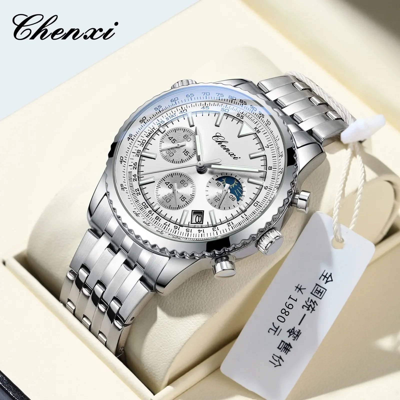 Luxury StopWatch Moon Phase Waterproof Male Clock Luminous Date Stainless Steel Square Quartz Men Watch reloj hombre