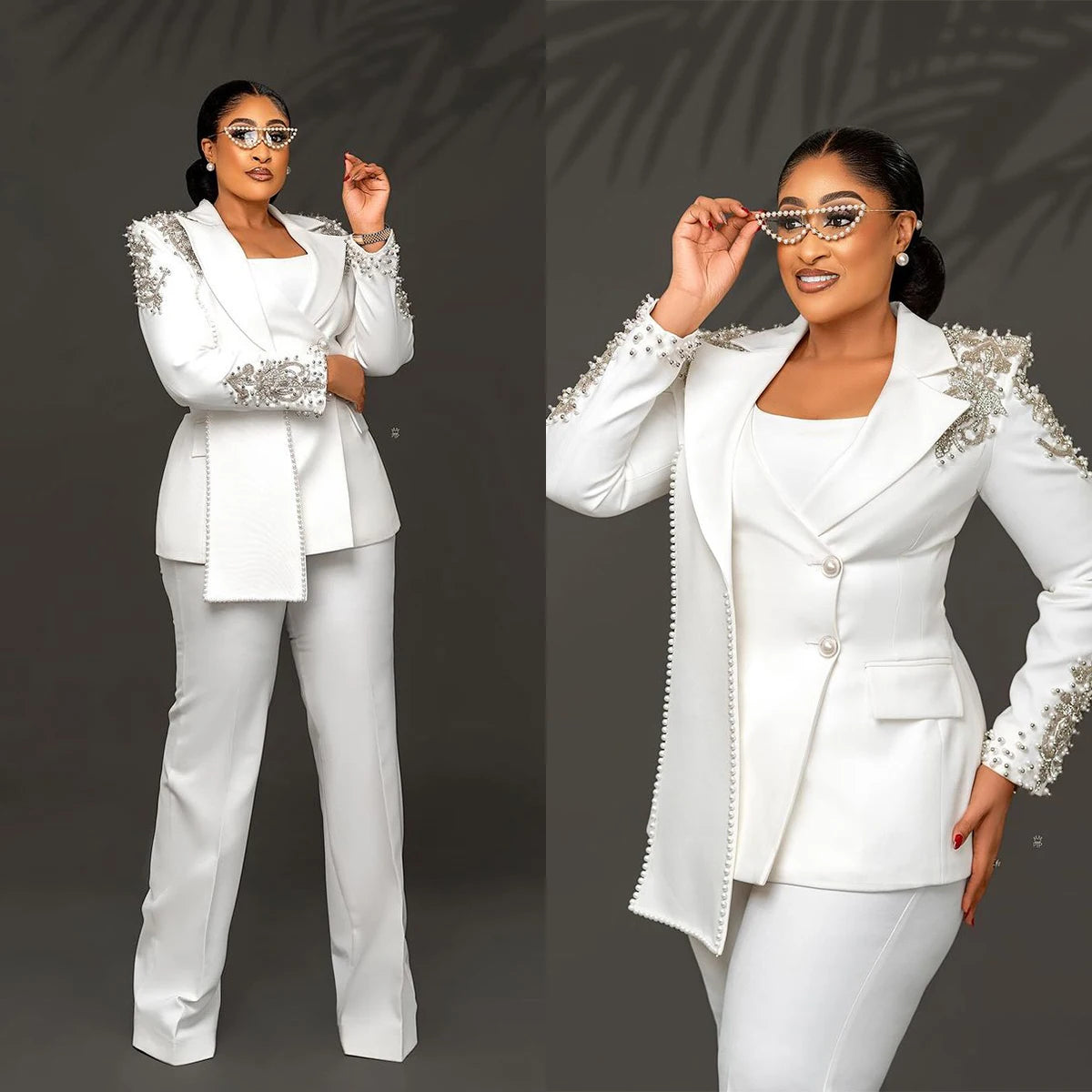 Customized Unique Design Beads Women Pants Suits White Wedding Blazer Jacket Guest Wear Slim Fit 2 Pieces