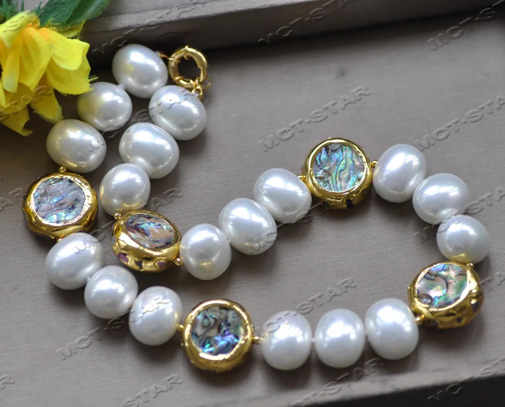 Z12723 18" 25mm Abalone Shell Gold-Plated Peacock-Black White Egg South Sea Shell Pearl Necklace