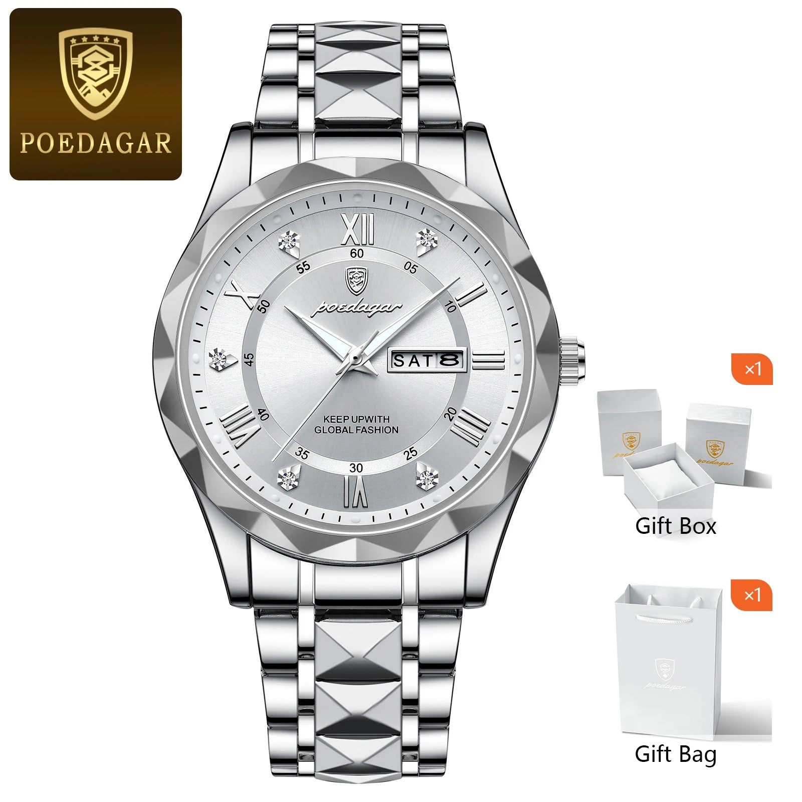 POEDAGAR Luxury Men's Watches Waterproof Luminous Date Week Watch For Man Stainless Steel Quartz Casual Men Wristwatch+Box Gift