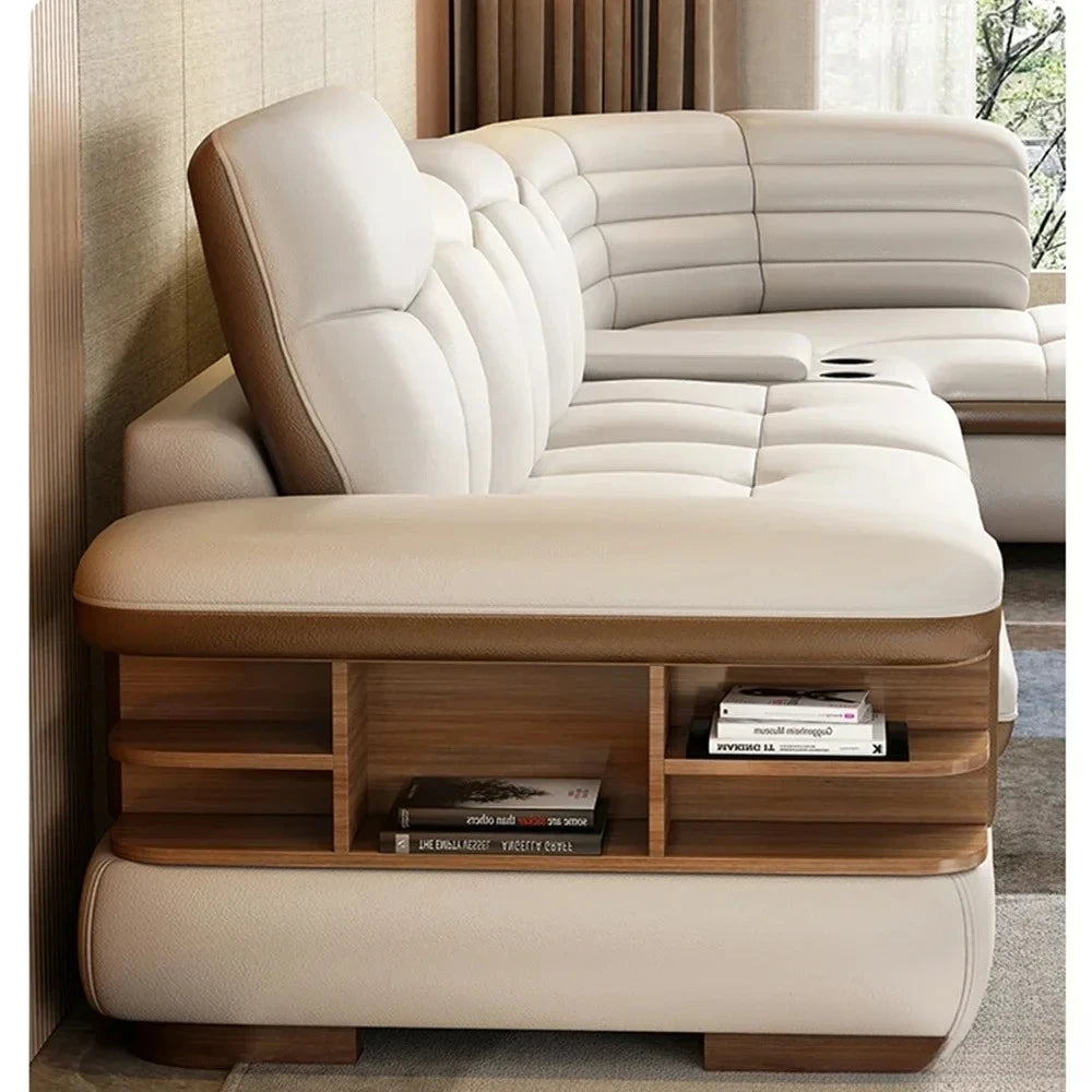 Genuine Leather Solid L-Shaped Sofa — Black | KIMLUD