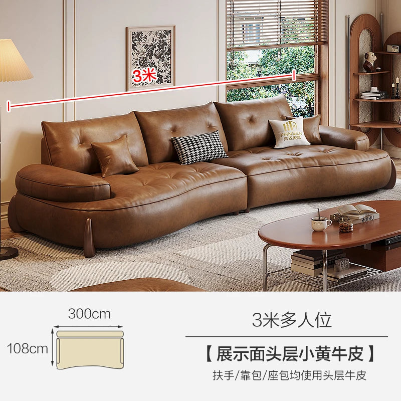 Leather U-Shape Sofa Pillowed Cushions — Caramel Brown | KIMLUD