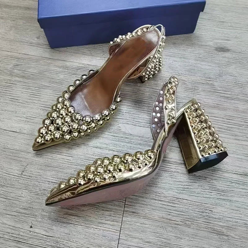 Rivet Studded Sandals With Crystal Bead — Red | KIMLUD