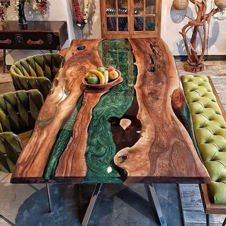 Walnut Solid River Epoxy Dining Table — Walnut | KIMLUD