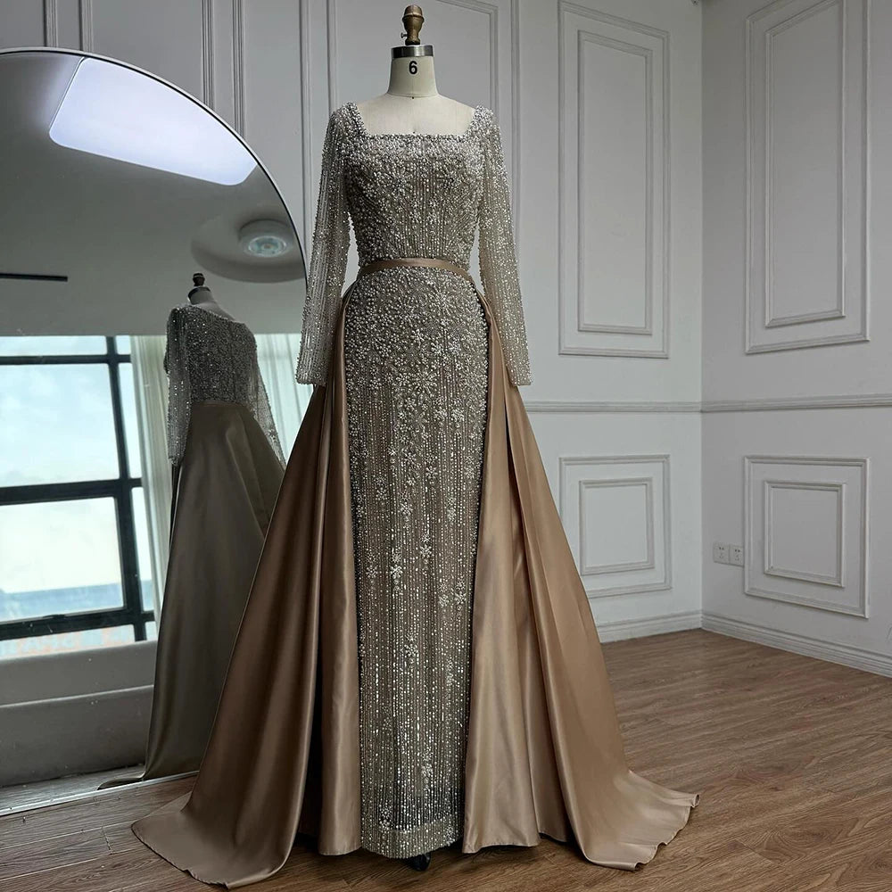 Mermaid Beaded Evening Gown With Overskirt And Built-In Bra In Luxe Beadwork — Caramel | KIMLUD