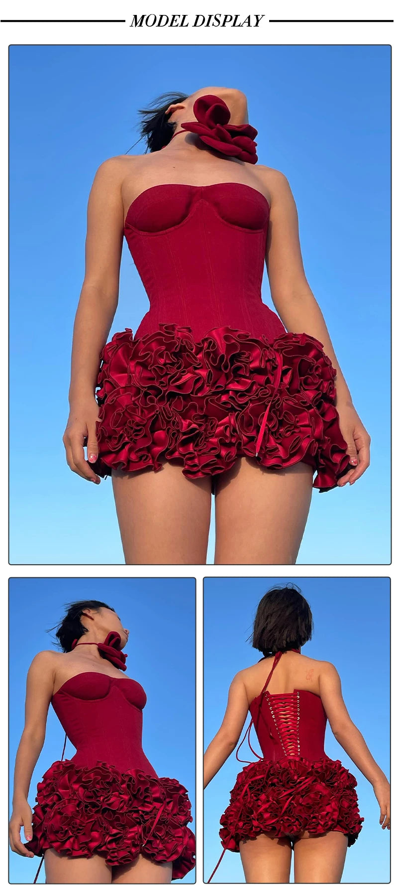 Bandage Mini Dress Strapless With Floral Lace Back — Crimson Red | KIMLUD