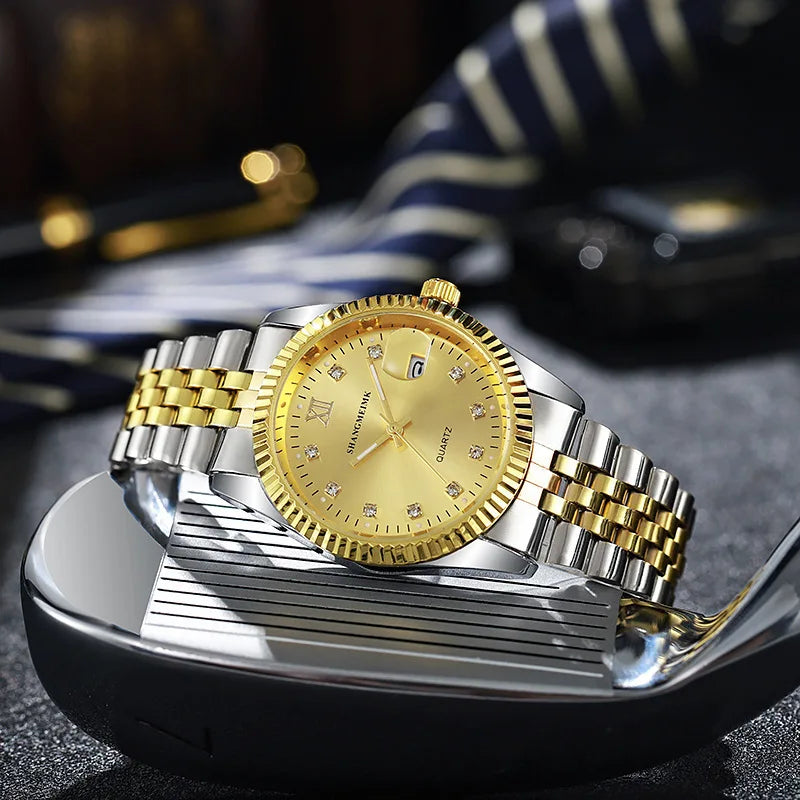 Mens Watch Gold Dial Multi Functional Quartz Movement Stainless Steel Waterproof Timing Men Business Watch Reloj Hombre