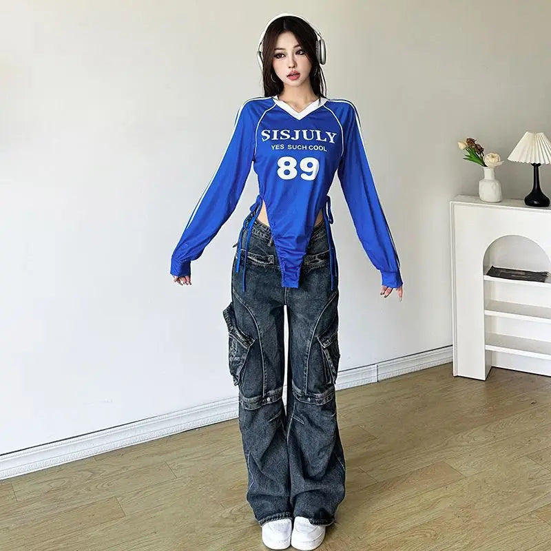 Y2k American Retro V-neck Long Sleeved Slim Fit Tops Stripe Bodysuit T-shirts Women Letter Printed Bodysuits Streetwear Jumpsuit