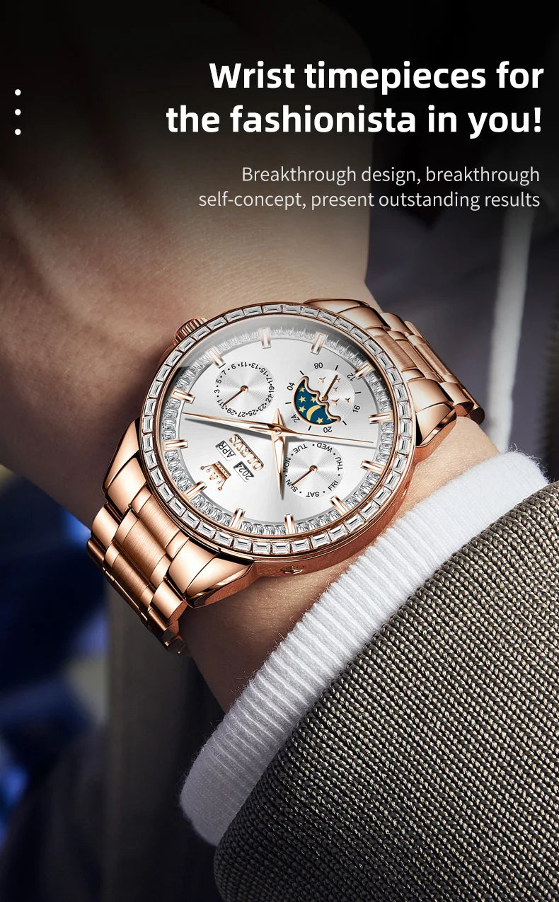 Rose-Gold Moon Phase Diamond Bezel Watch — Black | KIMLUD