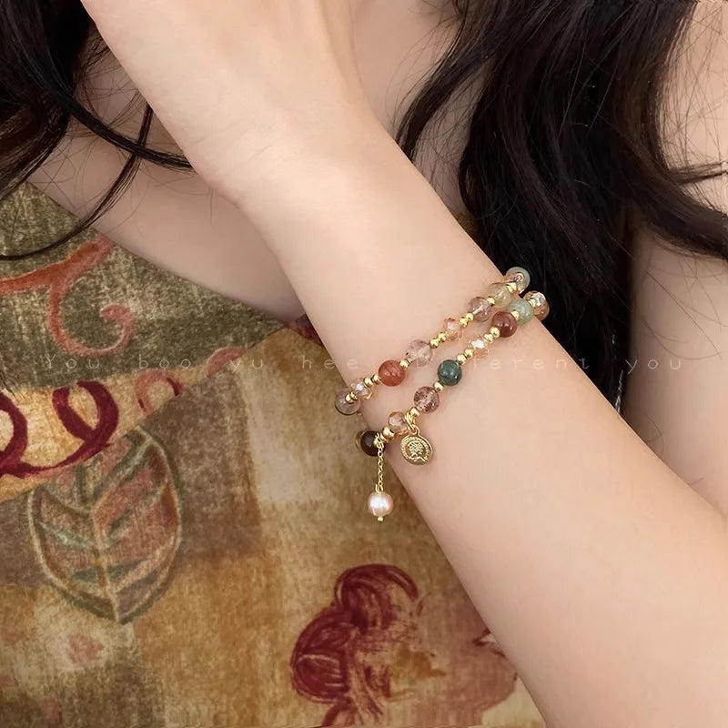 Gold-Tone Bracelet Double-Layer Crystal Pearl Beaded Wrap — Gold | KIMLUD