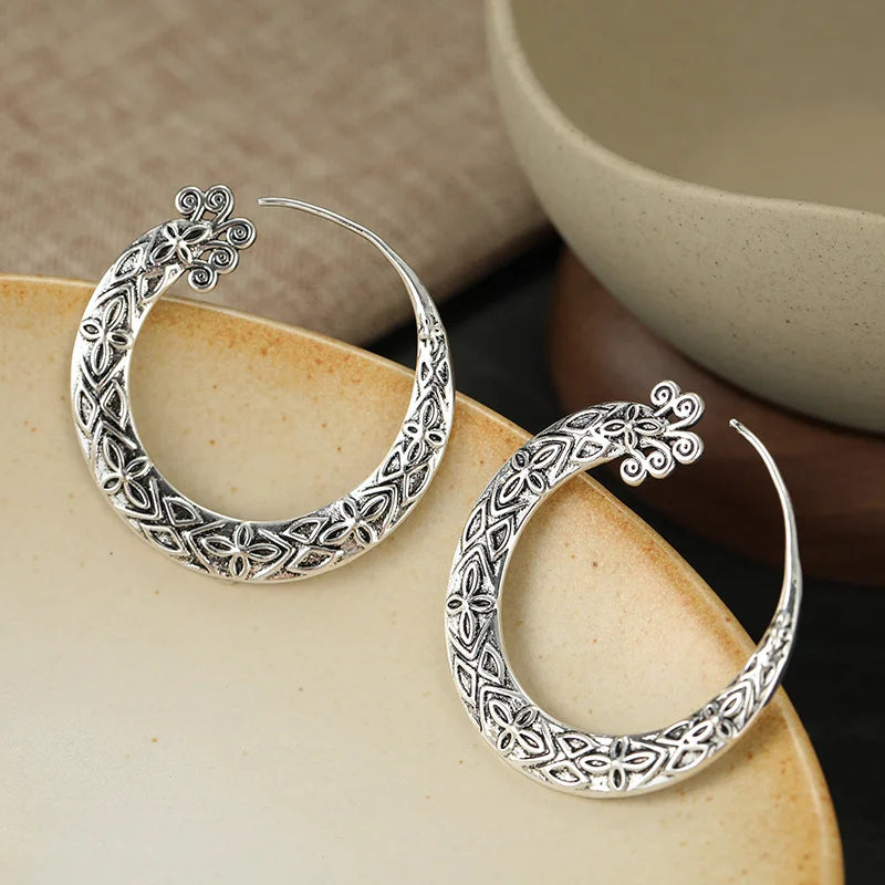 Crescent Hoop Earrings – Bohemian Style Retro Pattern – Copper | KIMLUD