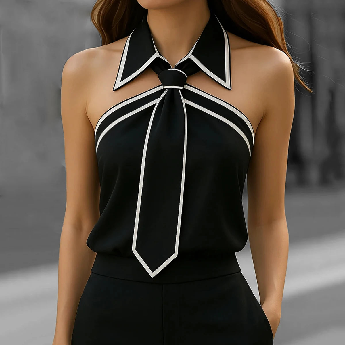 Women's Tank Tops Halter Tie Neck Contrast Binding Blouse Office Lady Summer Casual Streetwear Tank for Women's