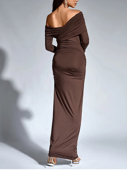 Maxi Dress – One-Shoulder Neck – Bodycon Silhouette – Brown | KIMLUD