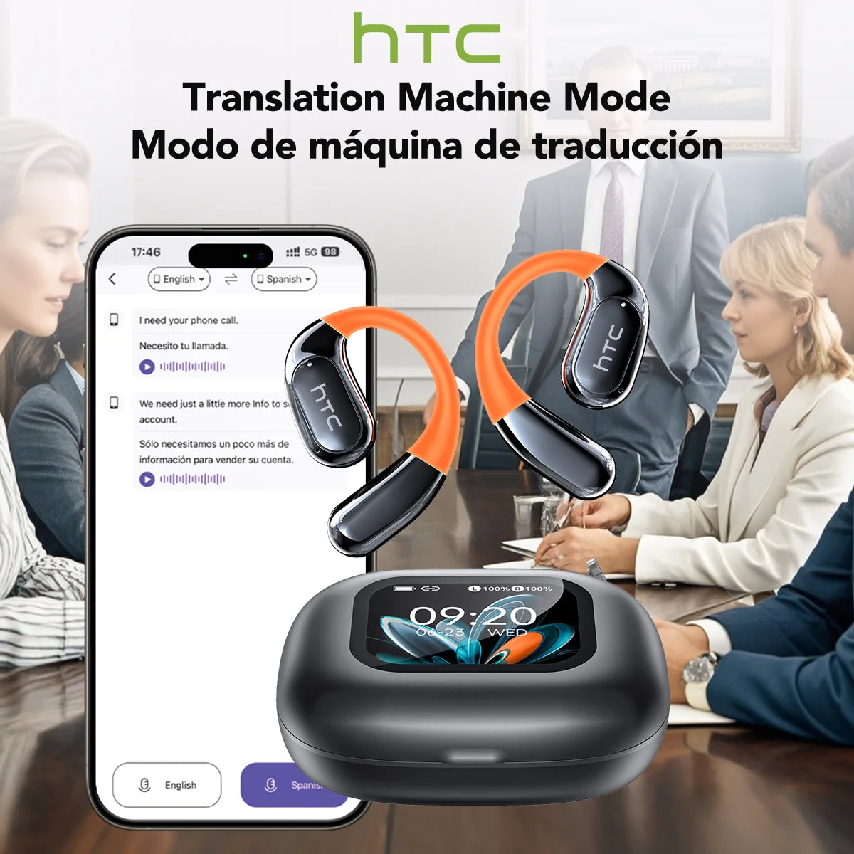 HTC Bluetooth Headphones Full HD LCD Display Wireless Earphones Translation Earbuds Clear Sound Quality with400mAh Charging Case