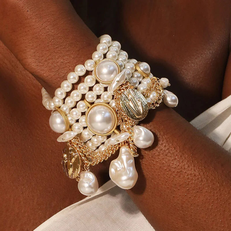 Handmade Bead Imitation Pearl Tassel Bracelet Multi-Layered — Gold | KIMLUD