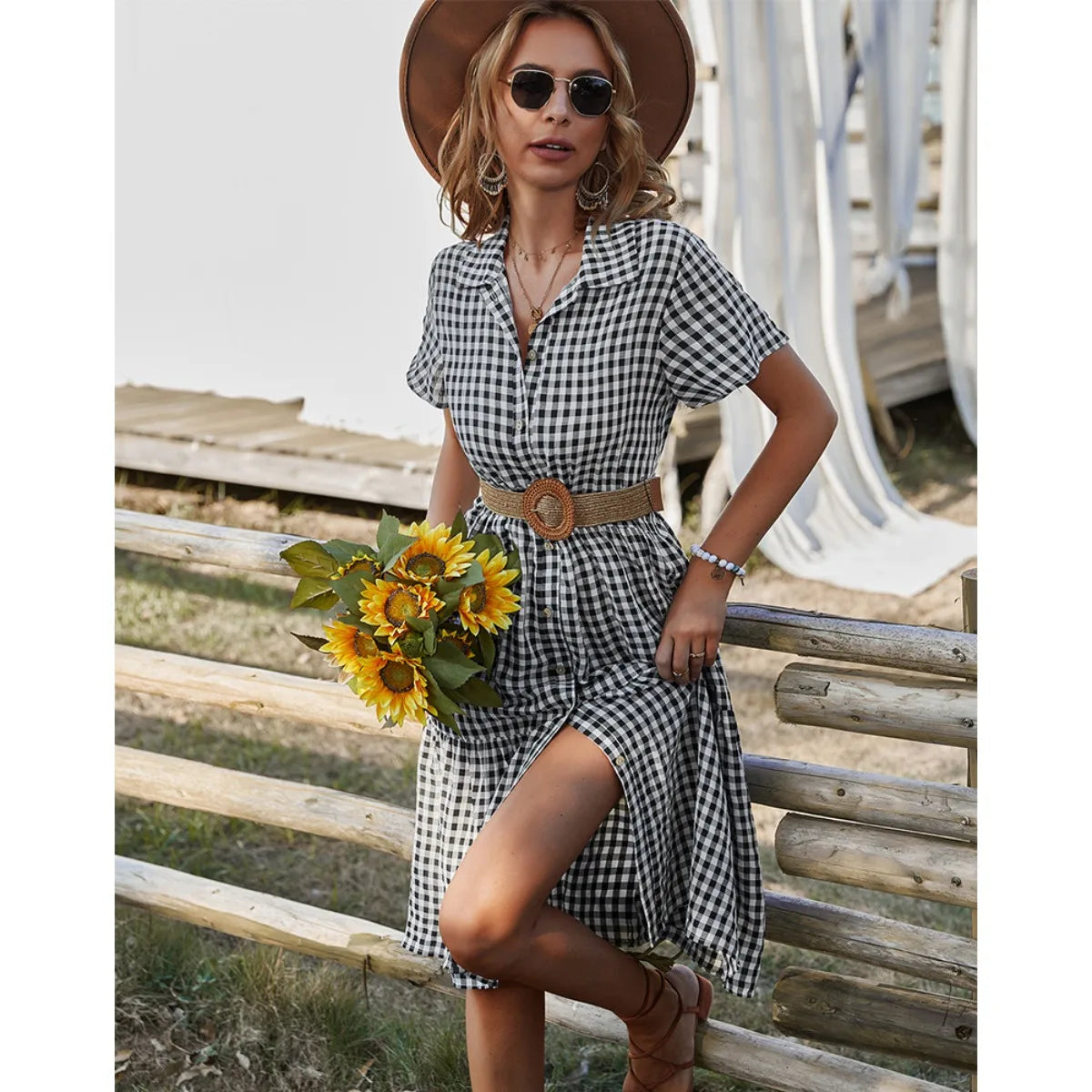 2026 Women's Checkered Short-Sleeve Shirtdress Single-breasted Button-down Short-sleeved Dress Casual Country-style Long Dress