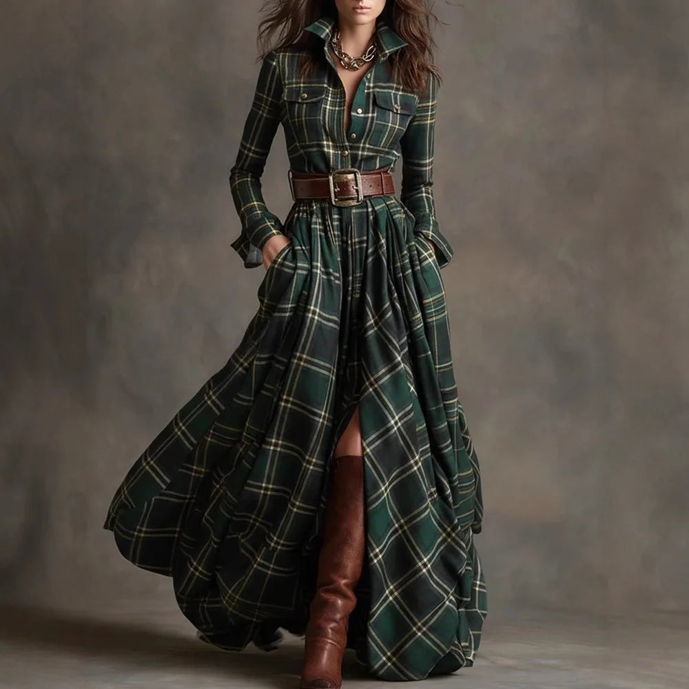 Polyester A-Line Dress Plaid Belted Retro Long Sleeve Turn-Down Collar — Black | KIMLUD