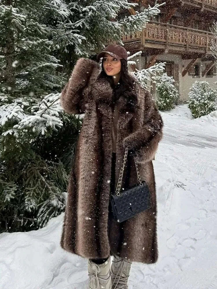 Fashion Brown Faux Fur Overcoat Women Luxury Lapel Long Sleeve Fluffy Coat 2025 Winter Female Thicken Warm High Street Outwear