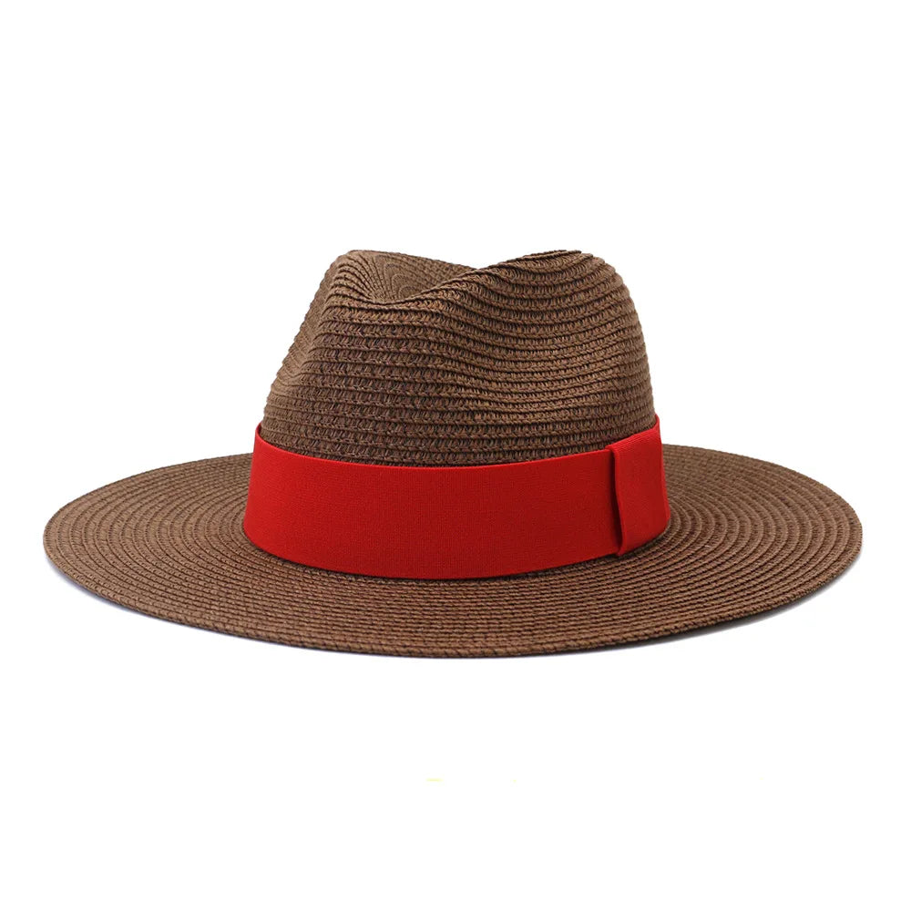 Fashion Summer Casual Unisex Beach Wide Brim Jazz Sun Hat Panama Hat Paper Straw Women Men Cap with Red Ribbon