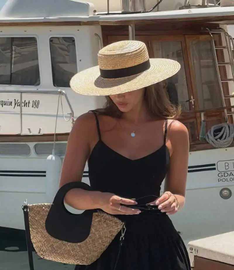 Ribbon Boater Straw Hat Sun Protection — Natural | KIMLUD