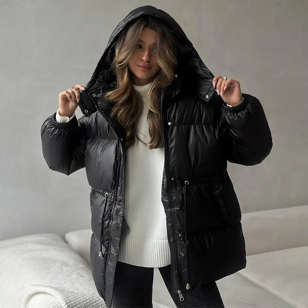 Women Solid Thicken Cotton Jackets Casual Stand Collar Zipper Long Sleeves Lace Up Detachable Hat Coat Winter Lady Warm Outwear