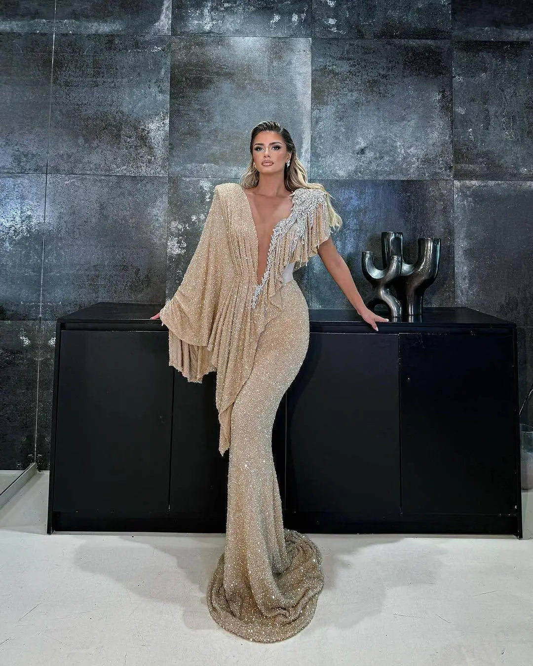 Sequined Mermaid Evening Gown V Neck Beading — Black | KIMLUD