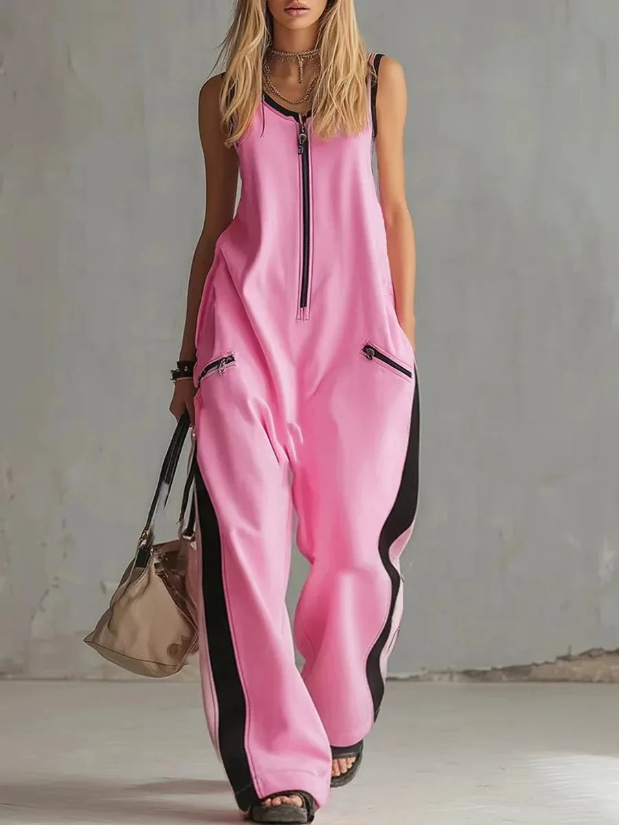 Polyester Color Blocking Jumpsuit — Black | KIMLUD